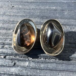 Vintage Large Brutalist Earrings Faux Topaz Glass Gold Tone Statement Clips